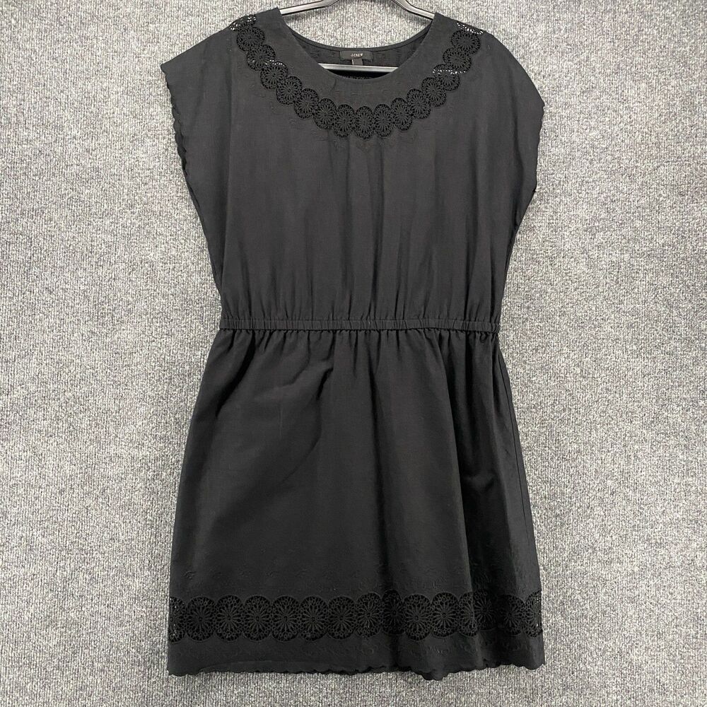 J Crew Dress Womens 8 Black Linen Cotton Round Neck Eyelet Casual Boho Chic‎
